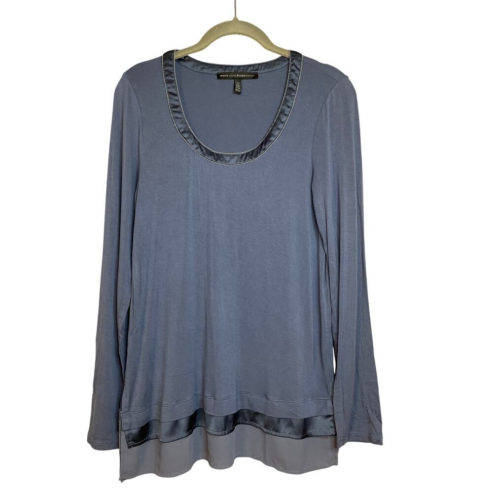 WHBM Small Tunic Blue Top - Layered Hem Long Sleeve - Beautiful Metallic Collar